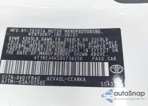 2008 Toyota Camry Ce from USA, damaged, VIN 4T1BE46K58U738256